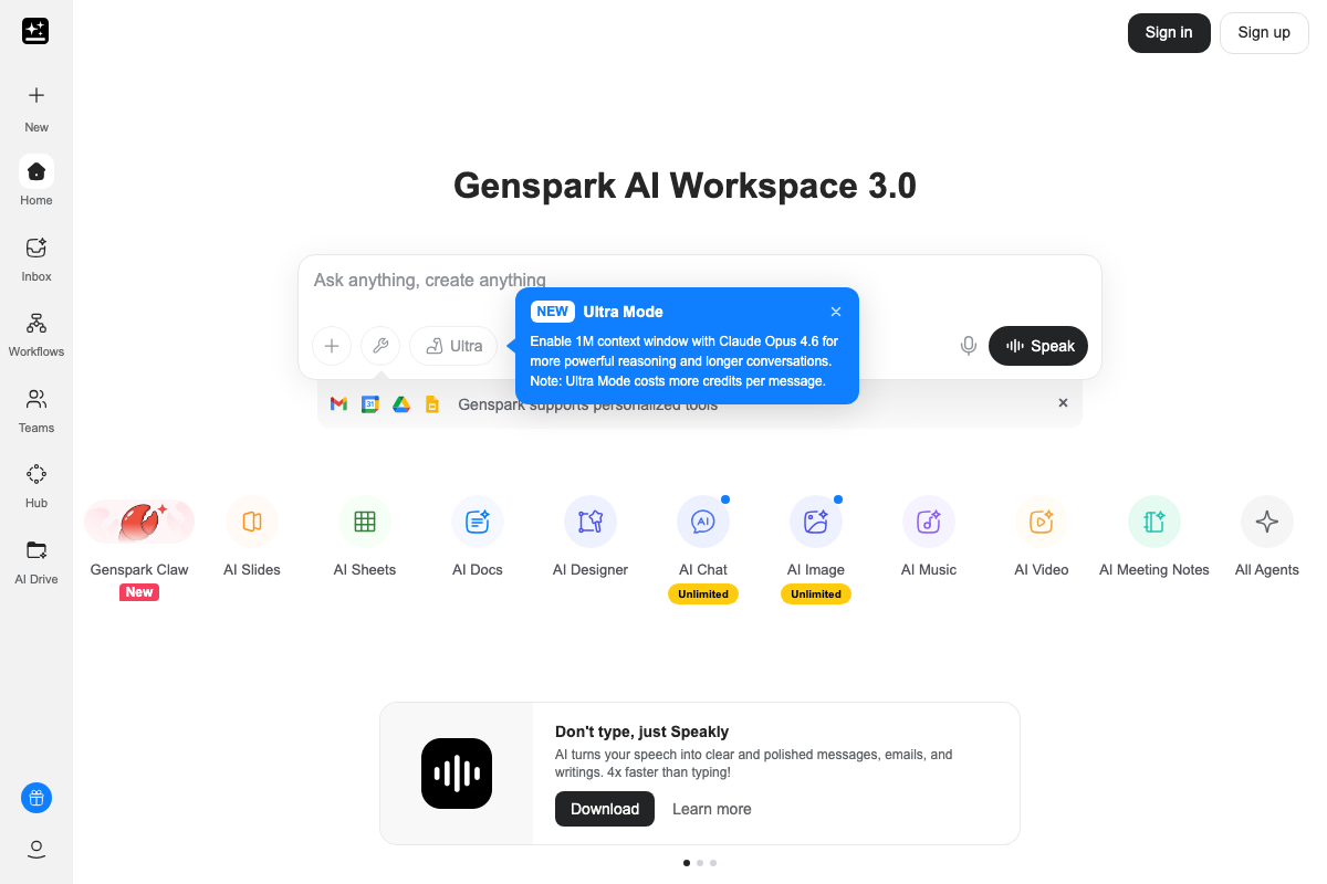 Genspark AI Workspace 3.0 homepage showing AI Music tool — a Genspark-native feature on a separate platform, not the Gemini app path described in step 10.