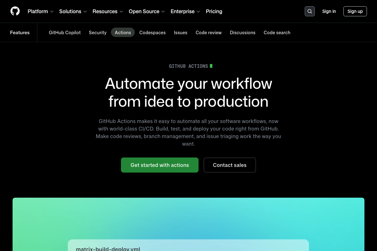 GitHub Actions landing page: 'Automate your workflow from idea to production' with CI/CD capabilities for build, test, and deploy.
