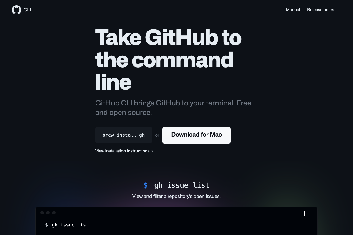 GitHub CLI official homepage showing `brew install gh` as the primary install command and `gh issue list` as a representative workflow command.