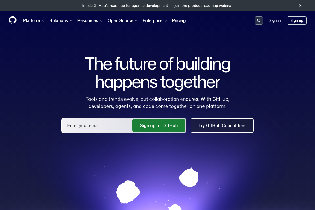 GitHub.com homepage with agentic development roadmap banner — no Claude Code skills marketplace visible or documented