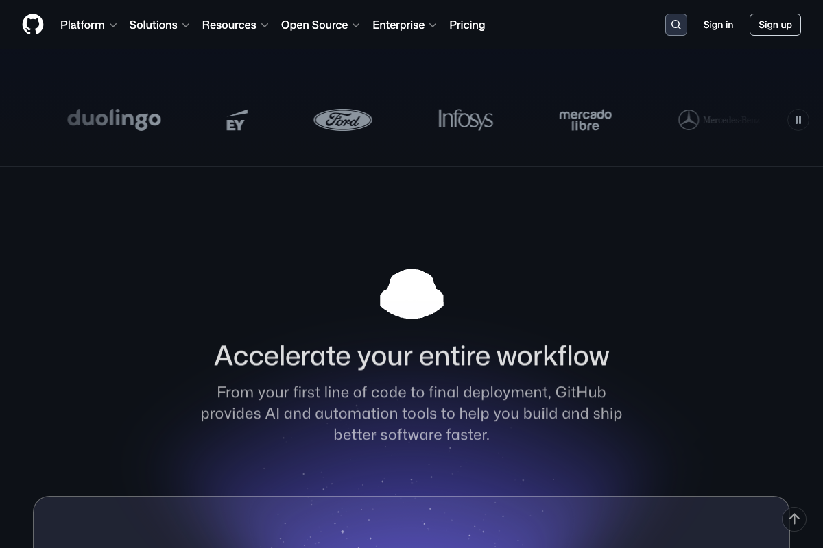 GitHub 'Accelerate your entire workflow' section showing enterprise adoption and platform-level automation support