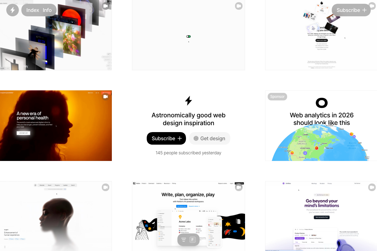 Godly homepage displaying full-page web design compositions — the most web-specific inspiration source named in step 3