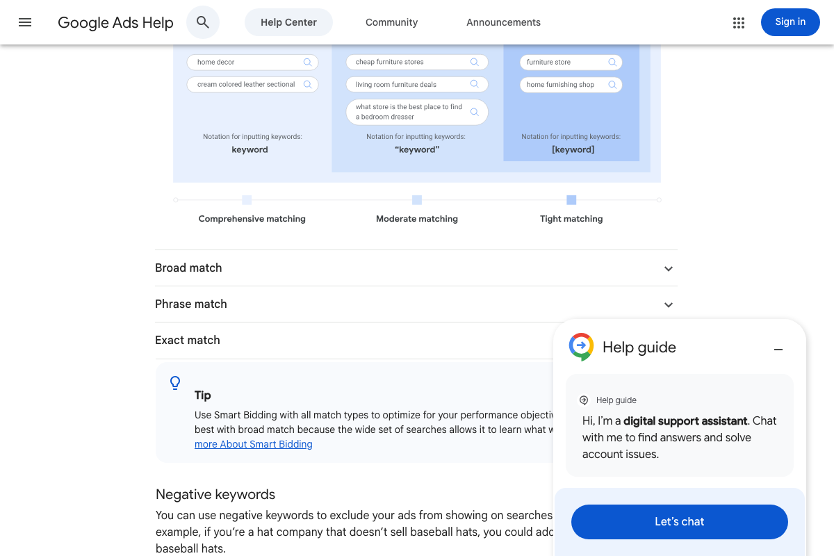 Keyword match type spectrum with the official Tip callout specifying Smart Bidding as broad match's required companion.