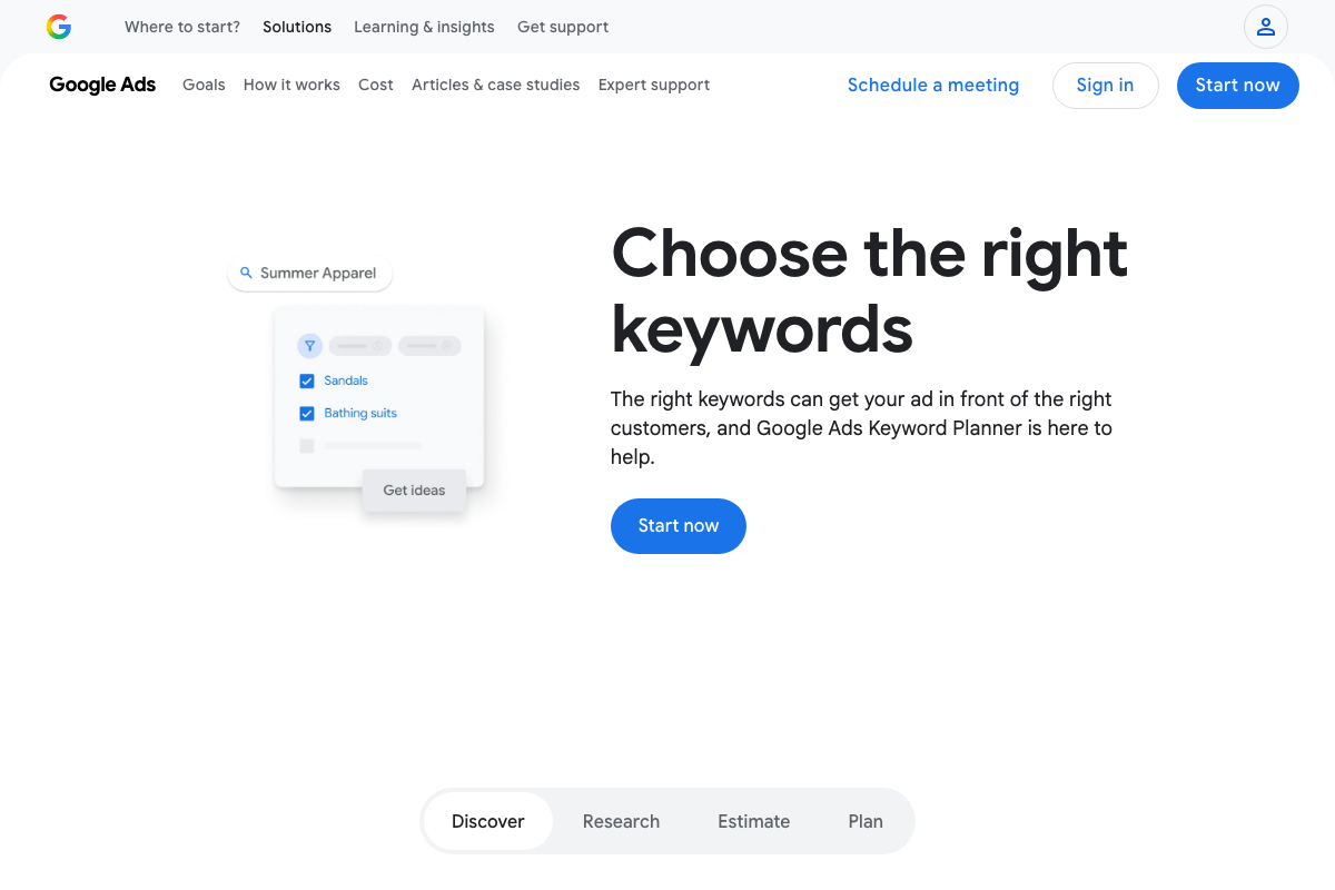Keyword Planner UI showing keyword input, 'Get ideas' button, and four workflow tabs: Discover, Research, Estimate, Plan