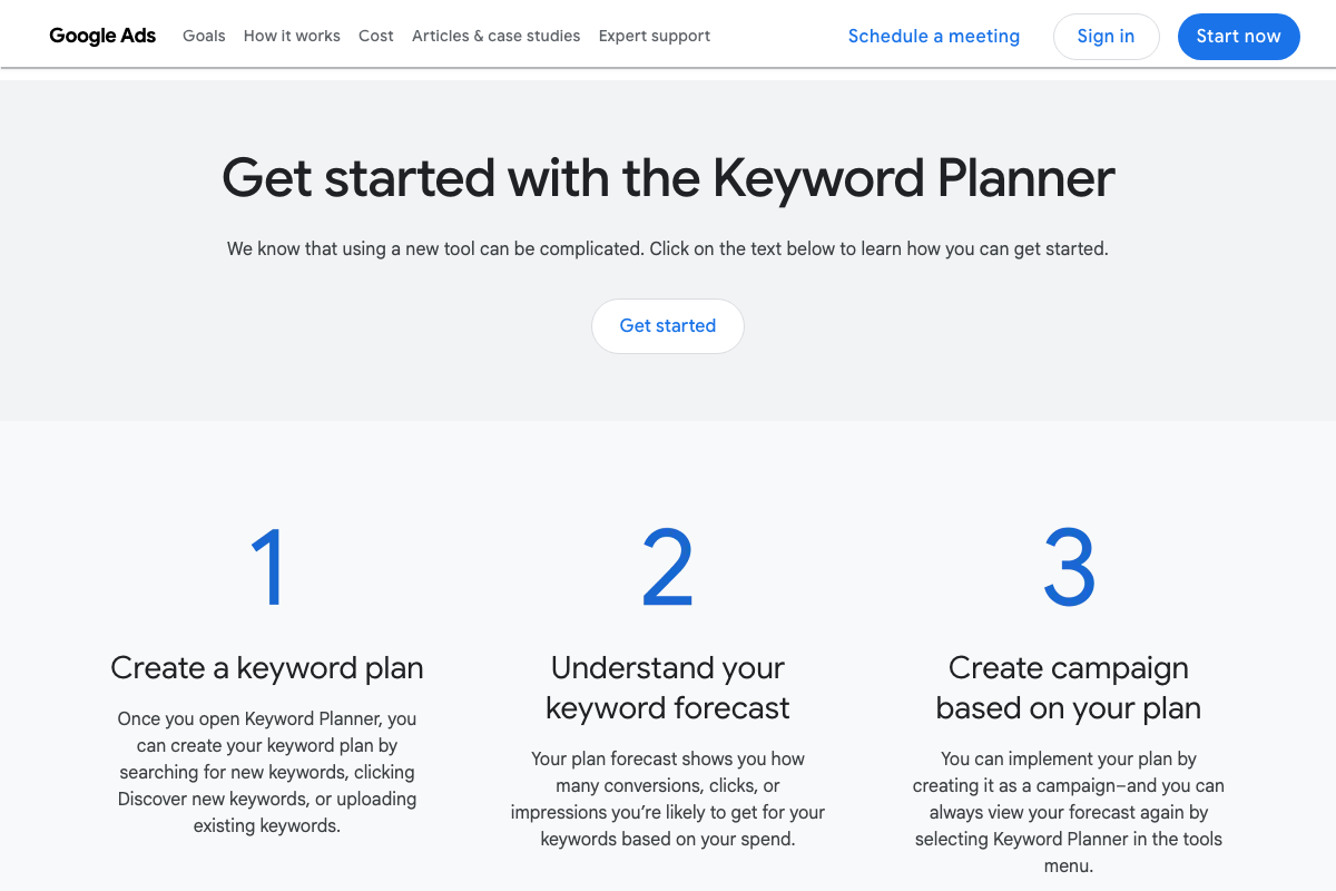 Keyword Planner three-step official workflow: Create a keyword plan, Understand your keyword forecast, Create campaign based on your plan