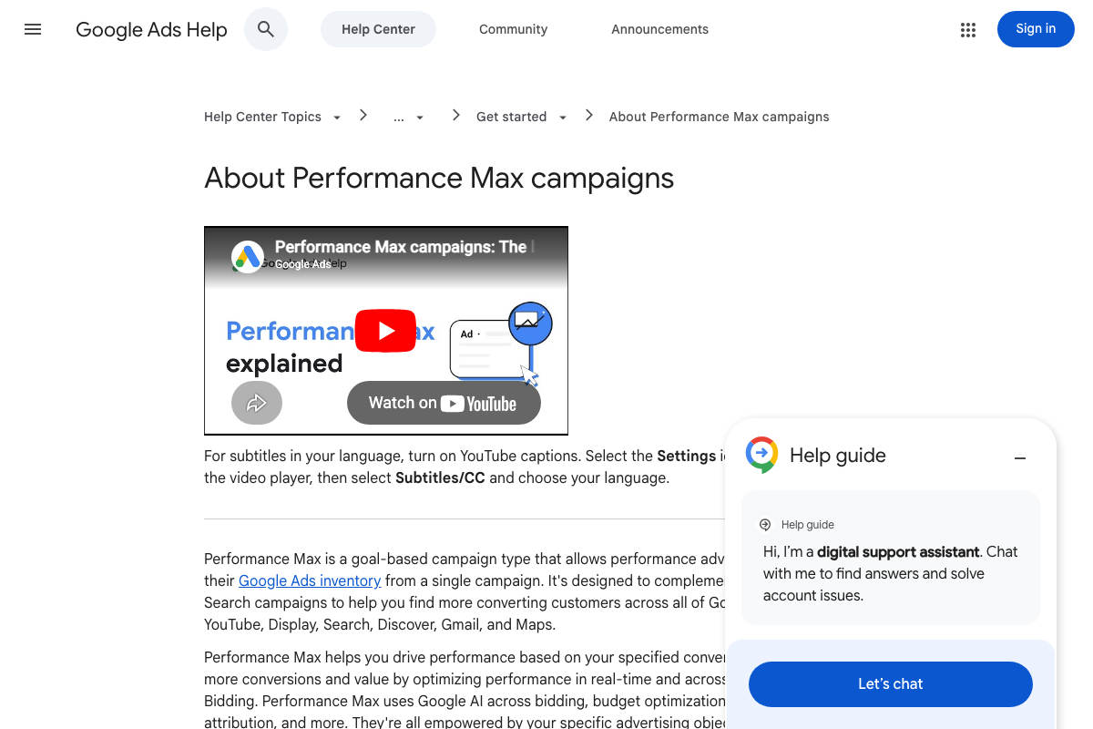 Google Ads Help confirming Performance Max complements Search campaigns and accesses all Google inventory from a single goal-based campaign.