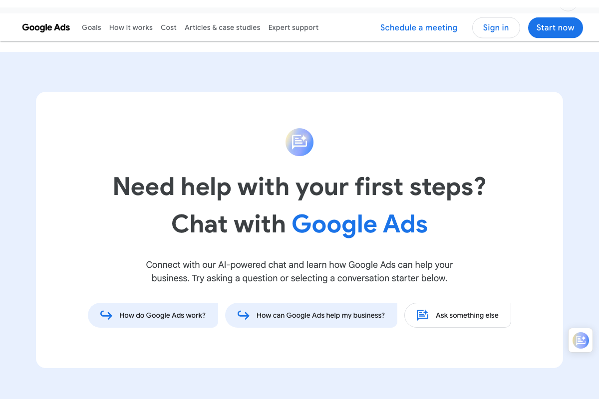 Google Ads homepage AI-powered chat widget offering guided setup for new advertisers.