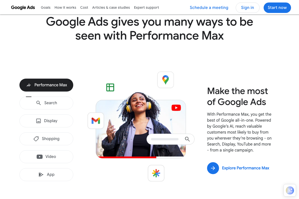 Google Ads campaign type selector showing Performance Max, Search, Display, Shopping, Video, and App as available campaign types, with Performance Max listed first.