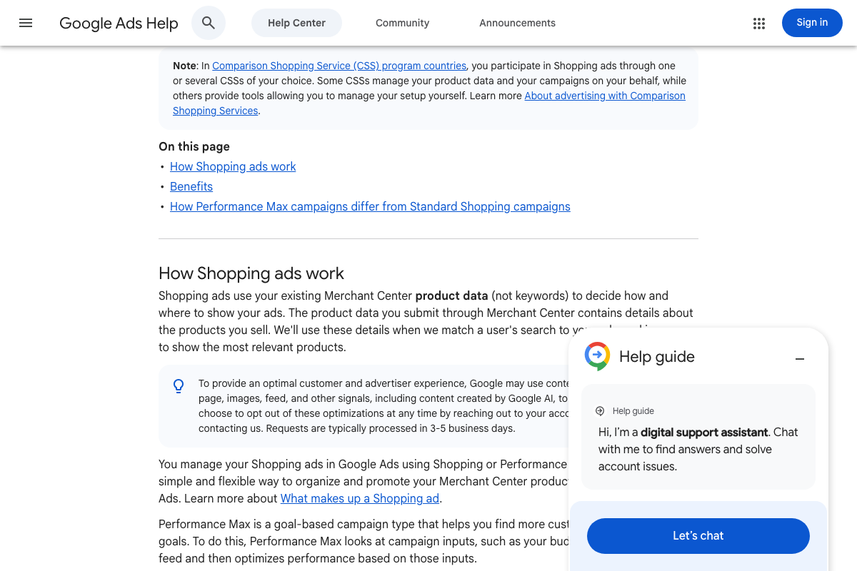 Shopping ads documentation confirming product data — not keywords — drives ad targeting