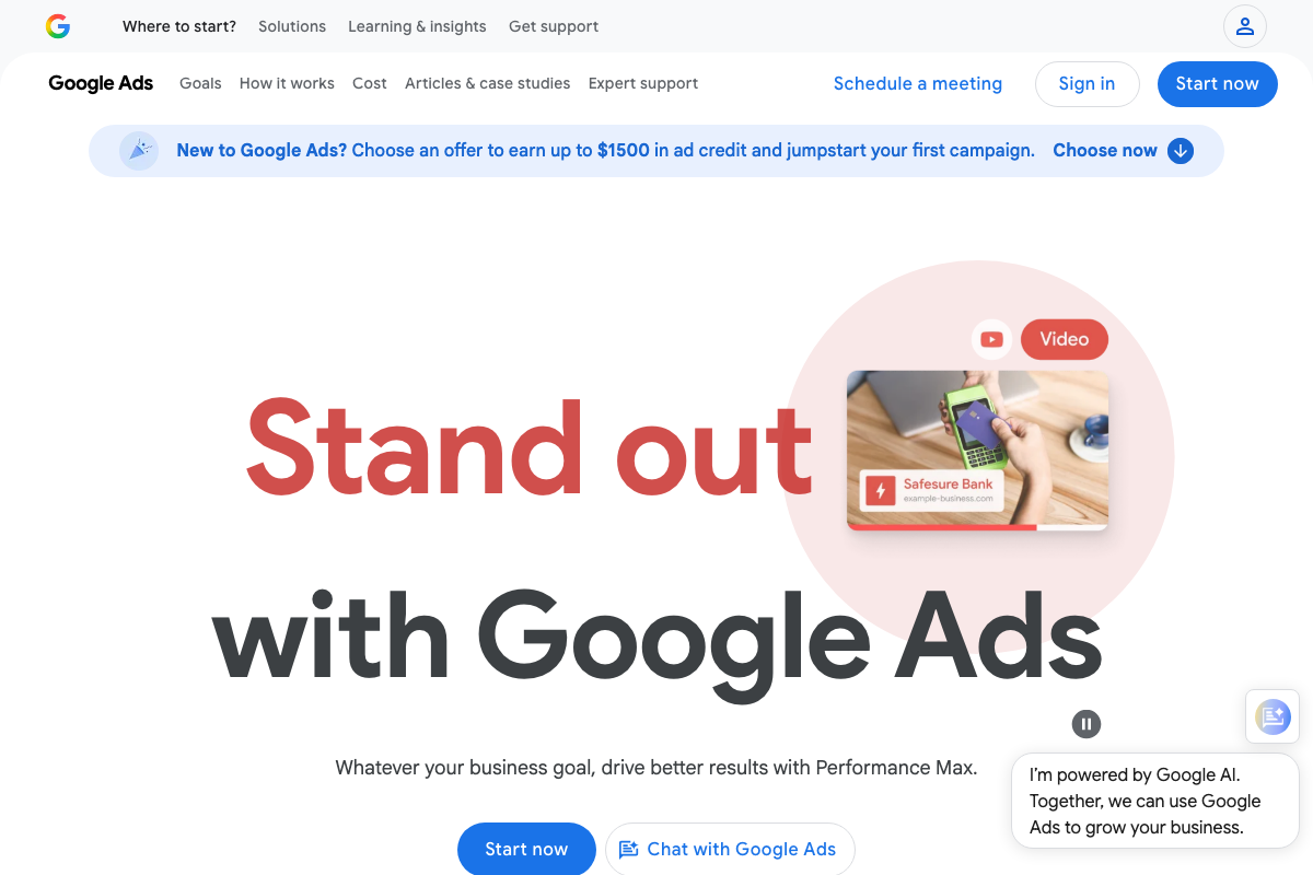 Google Ads homepage (ads.google.com) leading with Performance Max as the platform's default campaign recommendation for all business goals