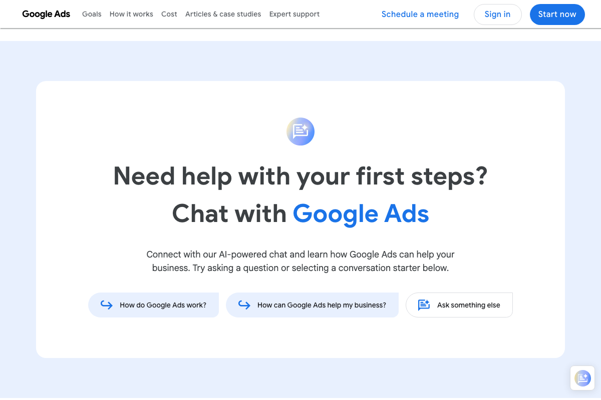 Google Ads homepage AI chat prompt offering onboarding assistance via an AI-powered conversation interface