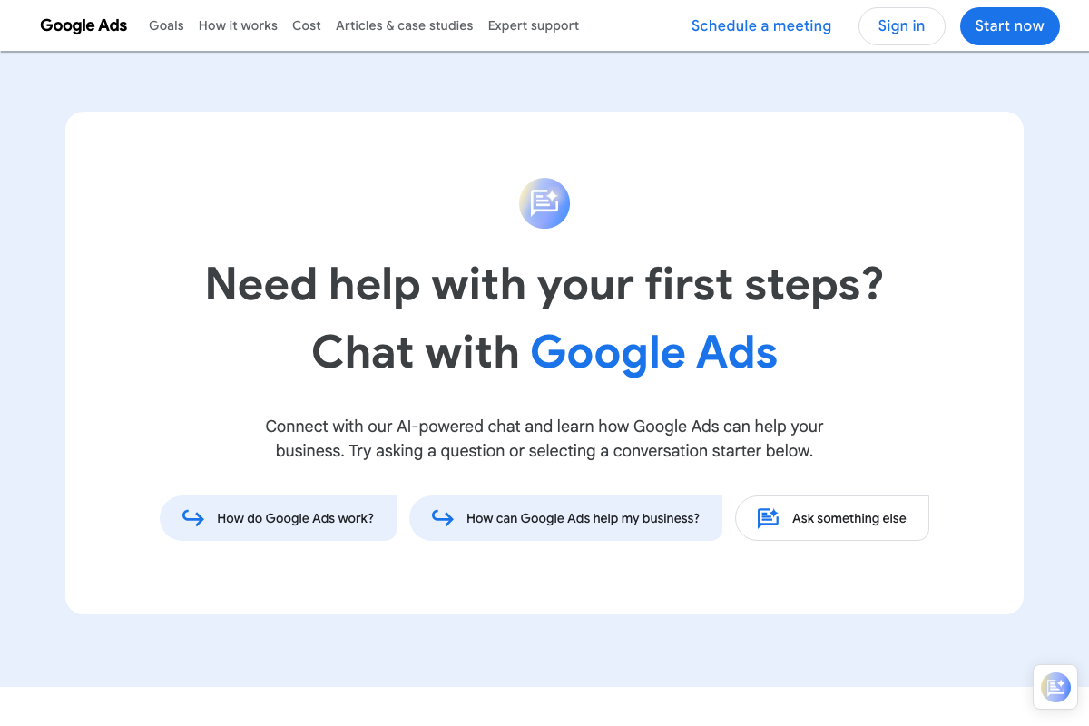 Google Ads 'Chat with Google Ads' AI assistant interface for new advertiser onboarding.