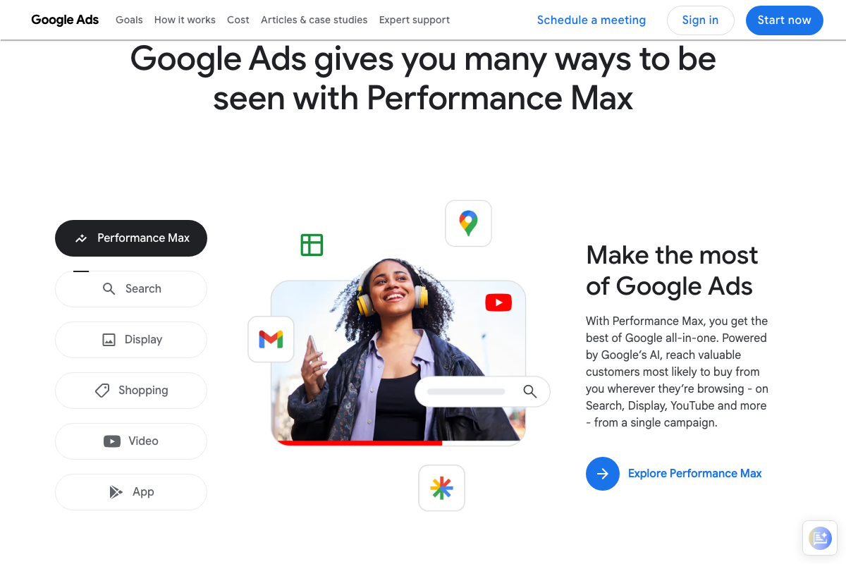 Google Ads campaign type list: Performance Max leads, followed by Search, Display, Shopping, Video, and App