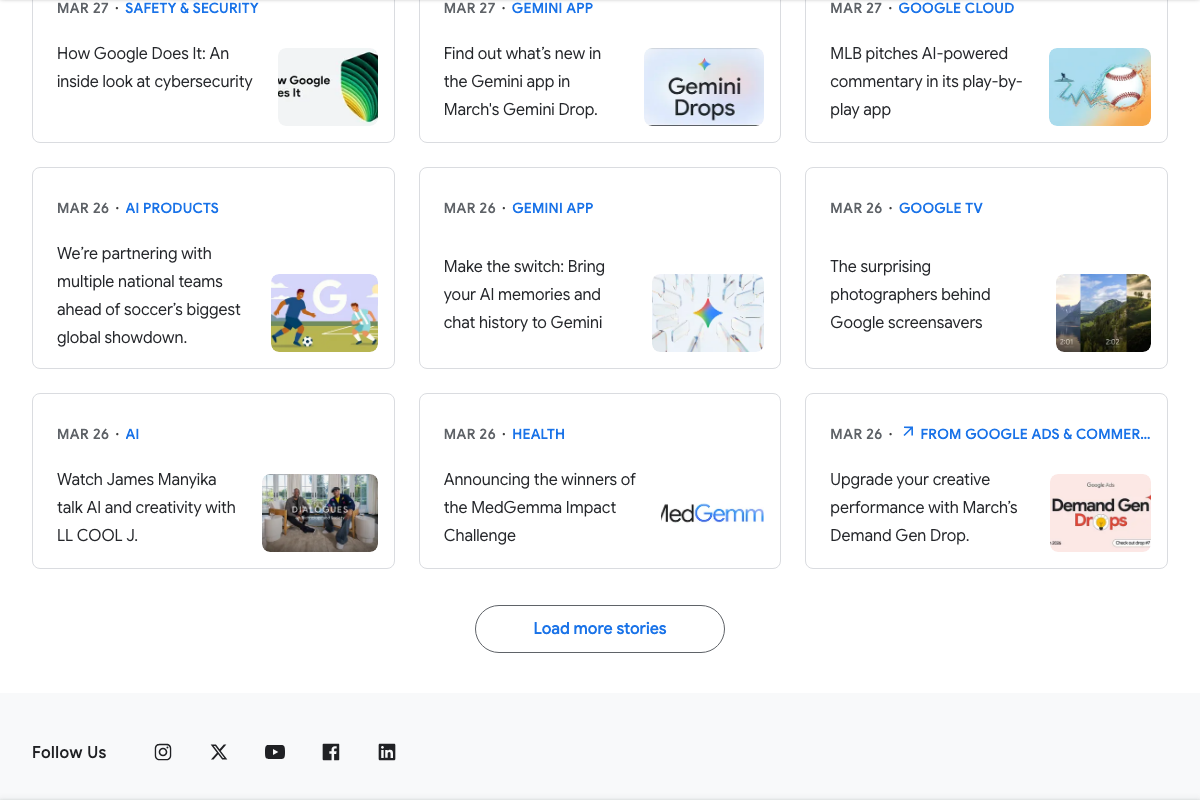 The Keyword blog 'All stories' feed showing March 26–27 Google product news with no accessible AI Mode search article visible