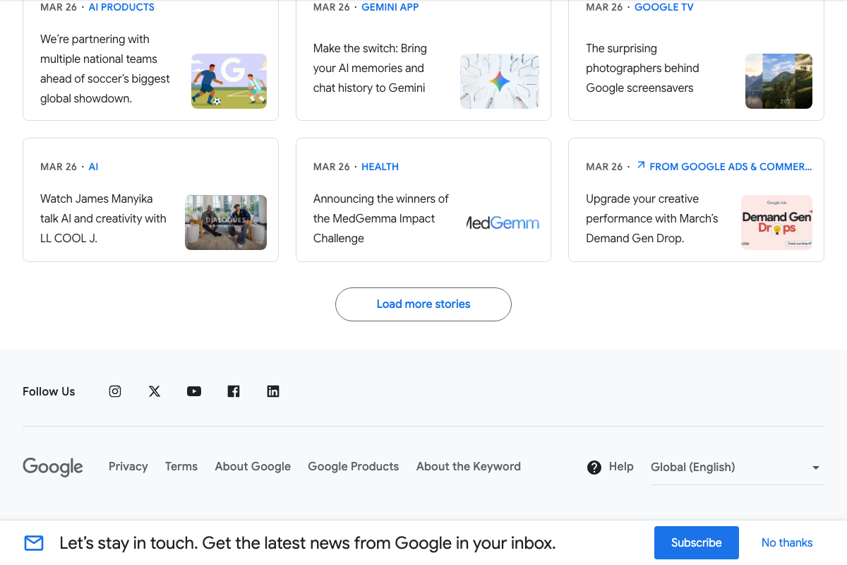 The Keyword blog showing recent Google Ads and Commerce content including Demand Gen updates, but no AI Mode search documentation at the captured URL