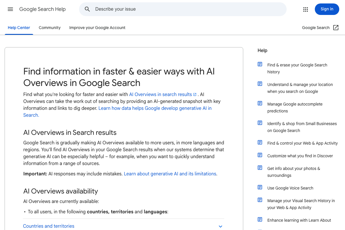 Google Search Help documentation for AI Overviews with official warning: 'AI responses may include mistakes.'