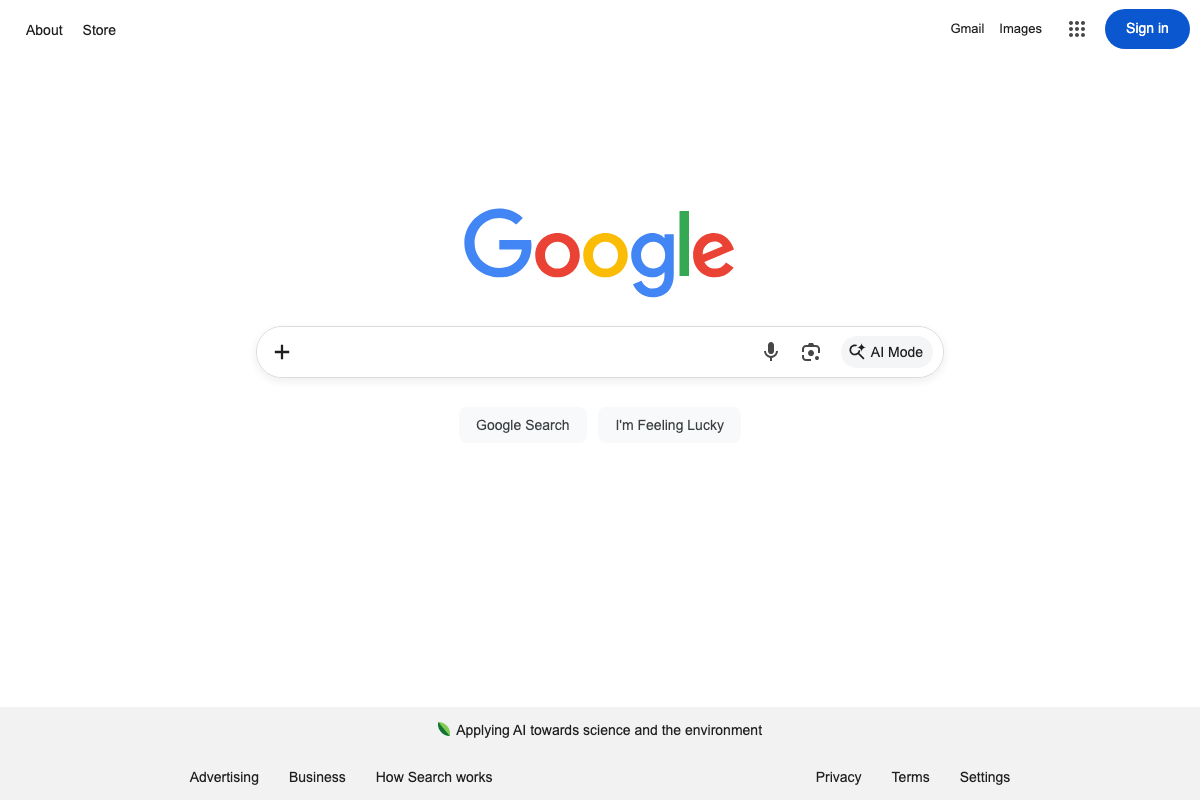 Google homepage (google.com) showing the 'AI Mode' button in the search bar — the discrete entry point confirmed in step 3.