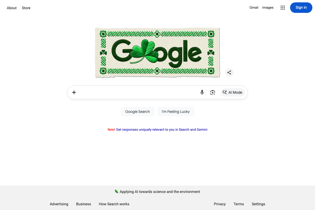Google.com homepage showing the distinct 'AI Mode' button in the search bar — a separate interface from the inline AI Overviews described in the tutorial.