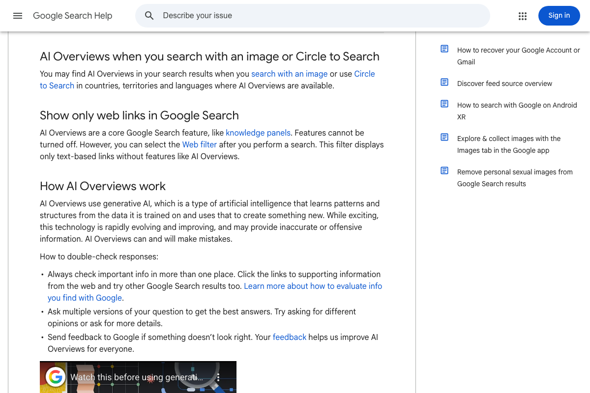 Google Search Help documentation confirming AI Overviews cannot be disabled and are driven by generative AI trained on web data.