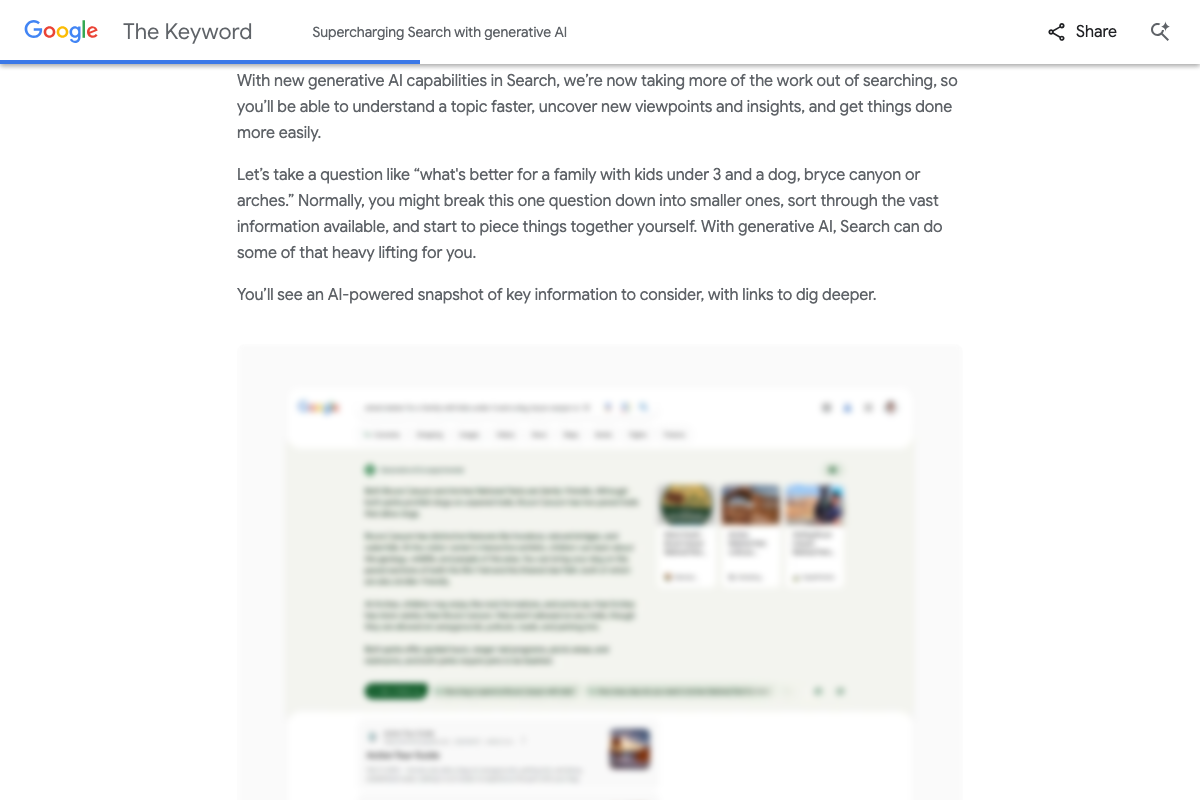 May 2023 Google blog confirming AI Search results include 'links to dig deeper' — the citation mechanism the tutorial targets, sourced from a Search Labs announcement rather than current AI Overviews documentation.