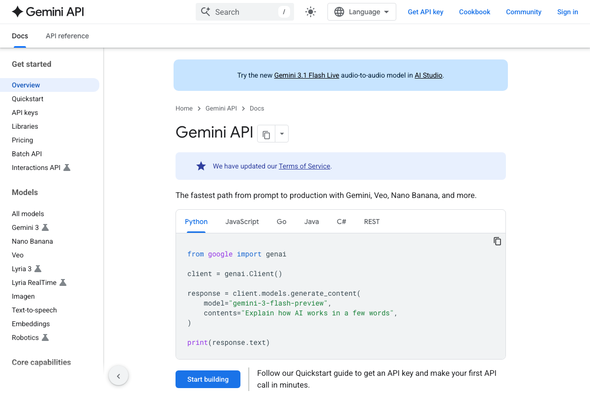 Gemini API docs homepage with banner promoting Gemini 3.1 Flash Live as the current audio-to-audio Live model, and sidebar listing current model families — no 2.0 series is present.