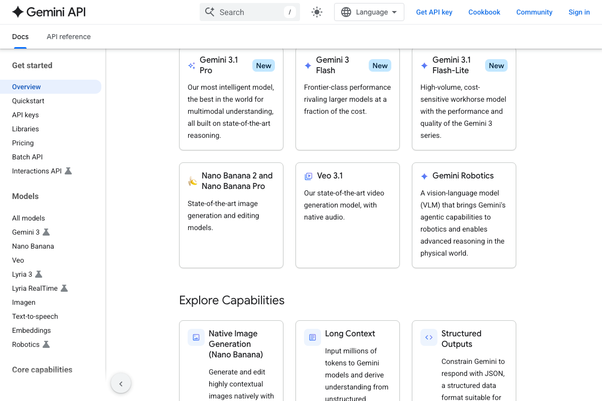 Gemini API model card grid showing current 'New' models: Gemini 3.1 Pro, Gemini 3 Flash, Gemini 3.1 Flash-Lite — all in the 3.x generation.