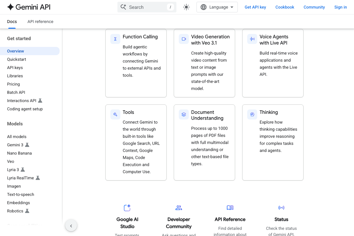 Gemini API capabilities page listing 
