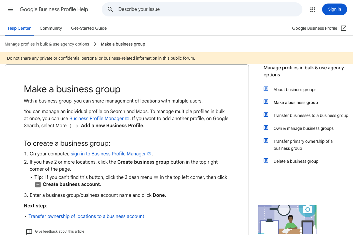 Google Business Profile Help: 'Make a business group' — official three-step workflow for managing multiple practice locations in bulk via Business Profile Manager