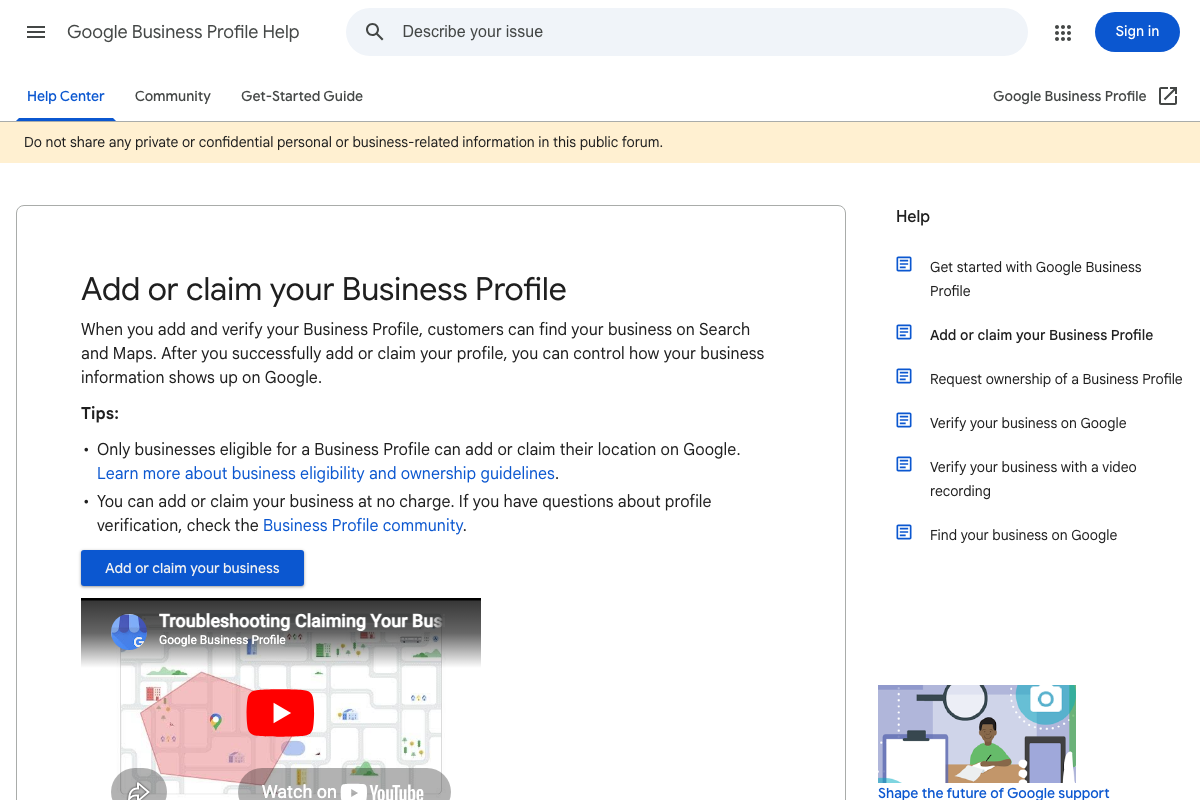 Google Business Profile Help page confirming that a verified GBP controls how business information appears on Google Search and Maps.