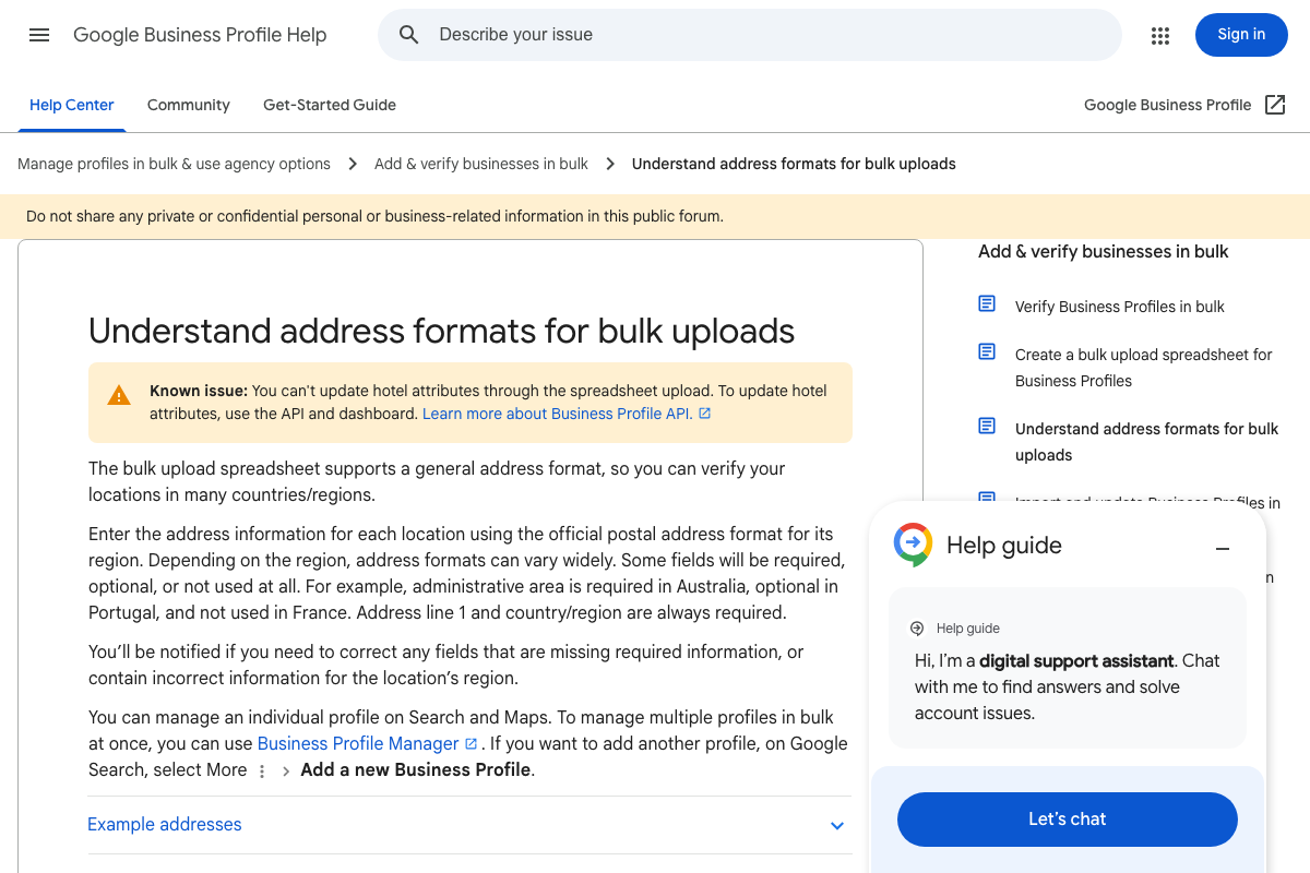 GBP bulk upload address schema for multi-location management — note this is a distinct interface from the single-profile preferred location editor described in Step 11