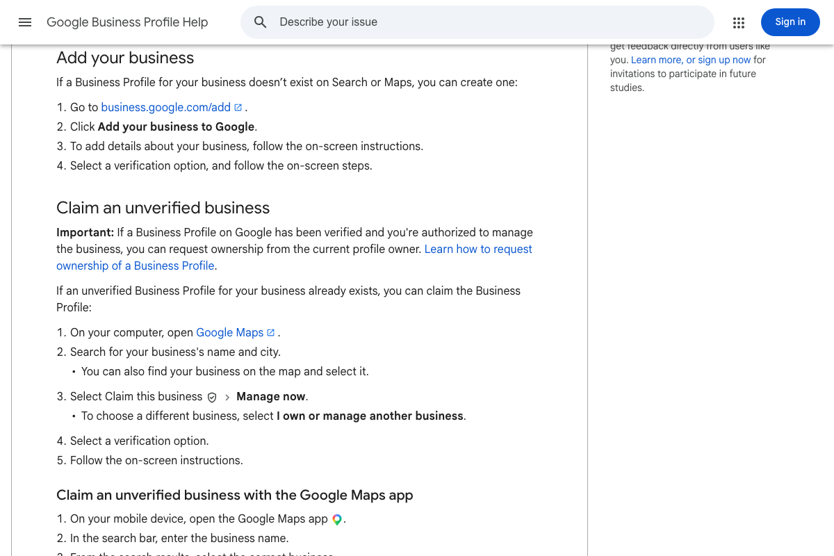 Google Business Profile Help page showing step-by-step instructions to add a new business and claim an existing unverified profile.