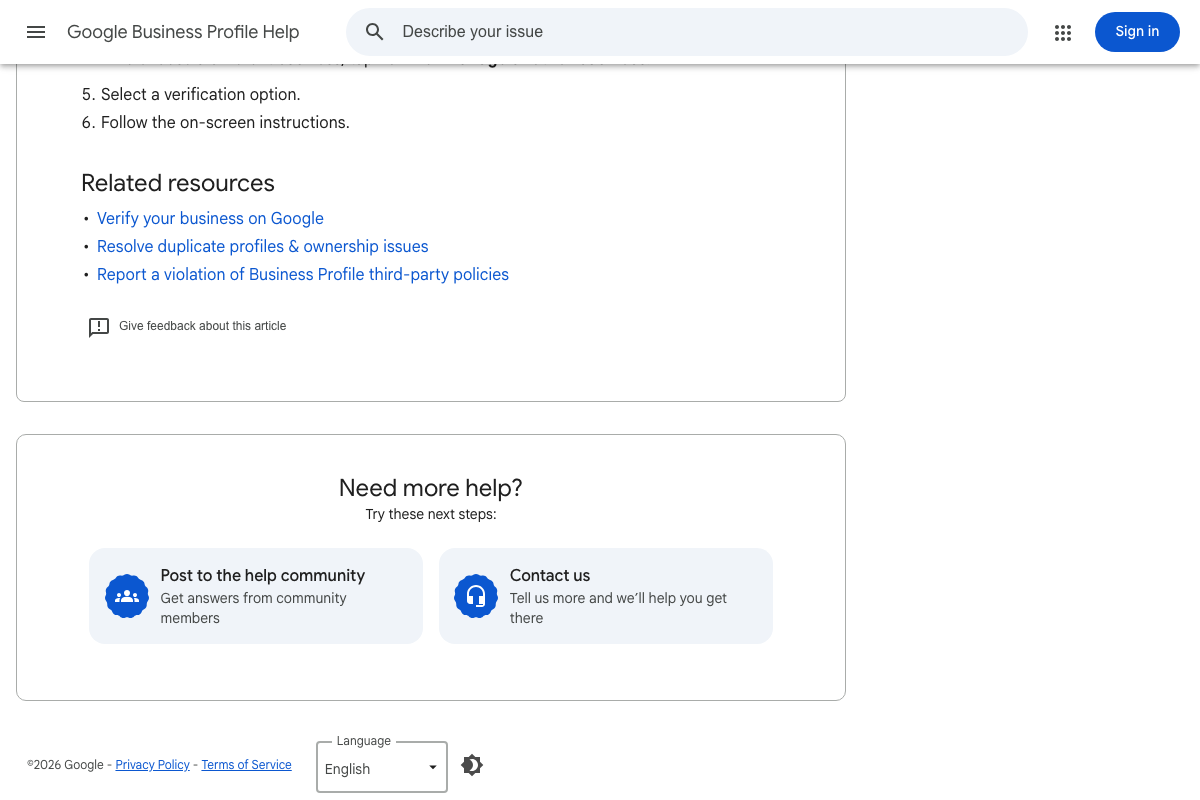Google Business Profile Help page footer showing related resources including 
