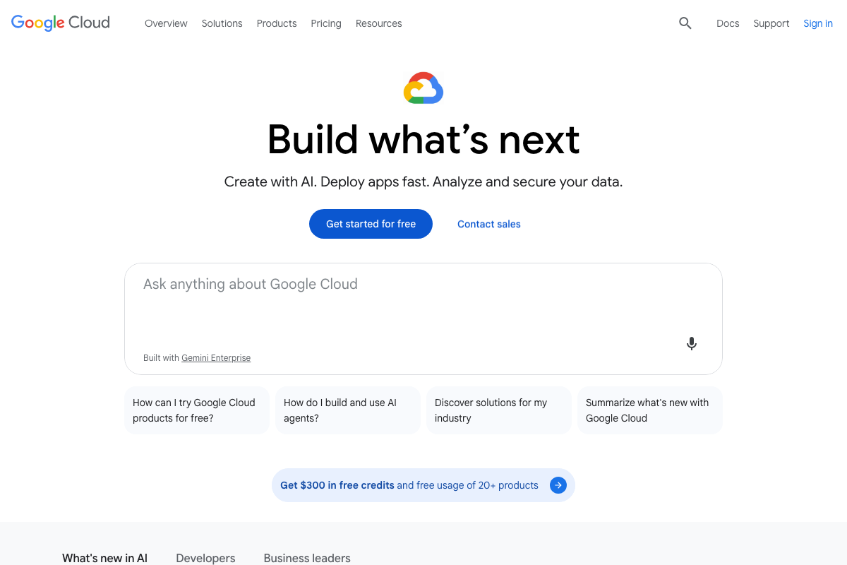Google Cloud homepage confirming the $300 free-credit offer and the billing account requirement consistent with the step 9 publish flow.