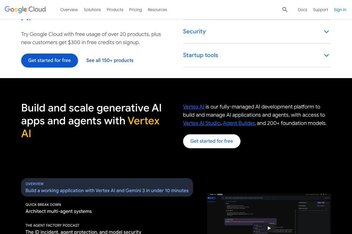 Google Cloud homepage section on Vertex AI, confirming Vertex AI Studio is a separate enterprise product from the Google AI Studio interface used in the tutorial.