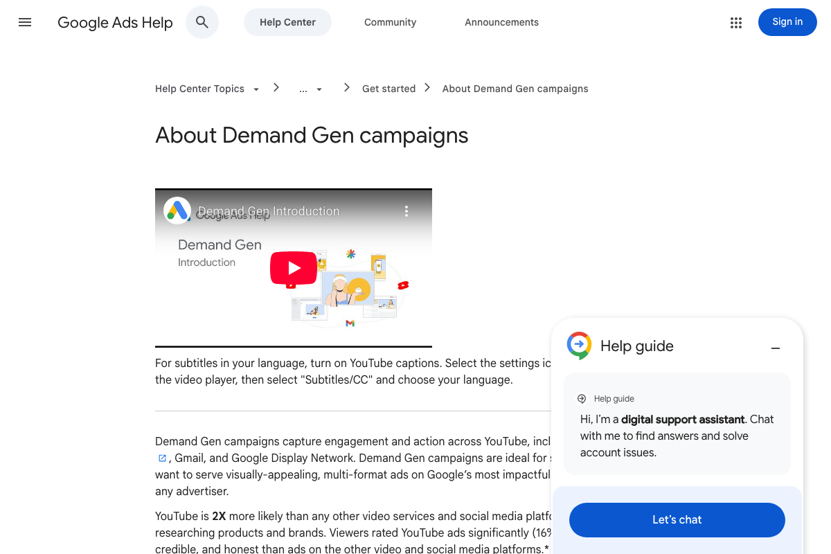 Google Ads Help — About Demand Gen confirming placements across YouTube (including Shorts), Gmail, and Google Display Network