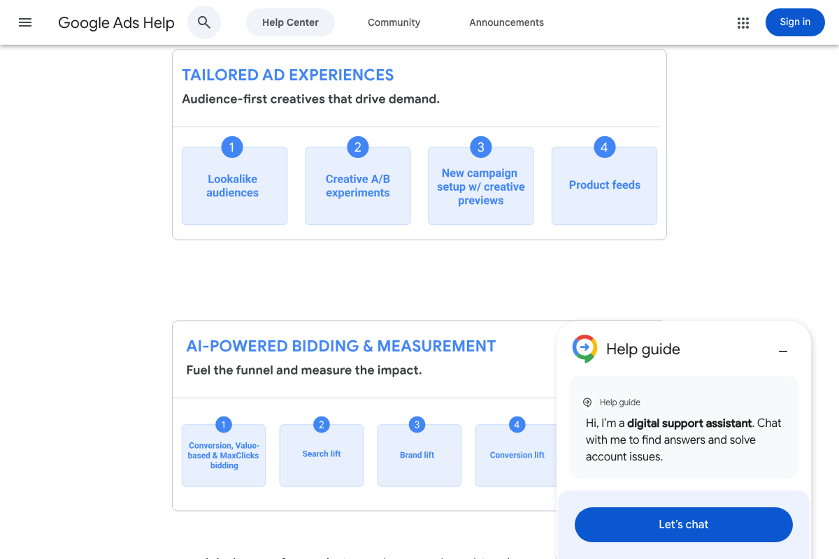 Demand Gen AI-Powered Bidding & Measurement section listing Conversion, Value-based, and MaxClicks bidding alongside lift measurement studies