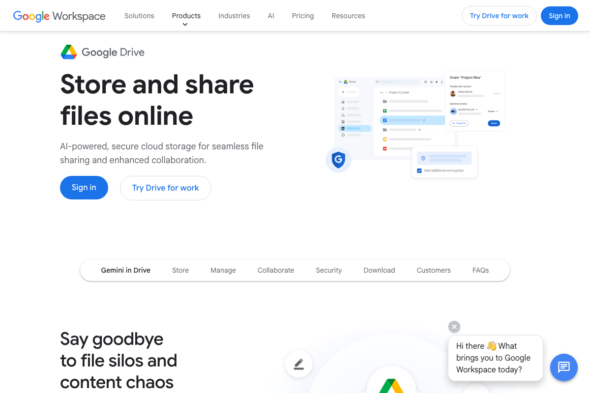 Google Drive marketing page at drive.google.com confirming Drive as a standard file-sharing platform.