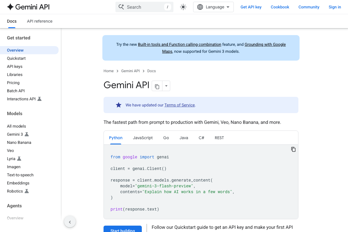 Gemini API documentation showing the Python SDK quickstart — Gemini is a programmatic developer API, not only a chat interface