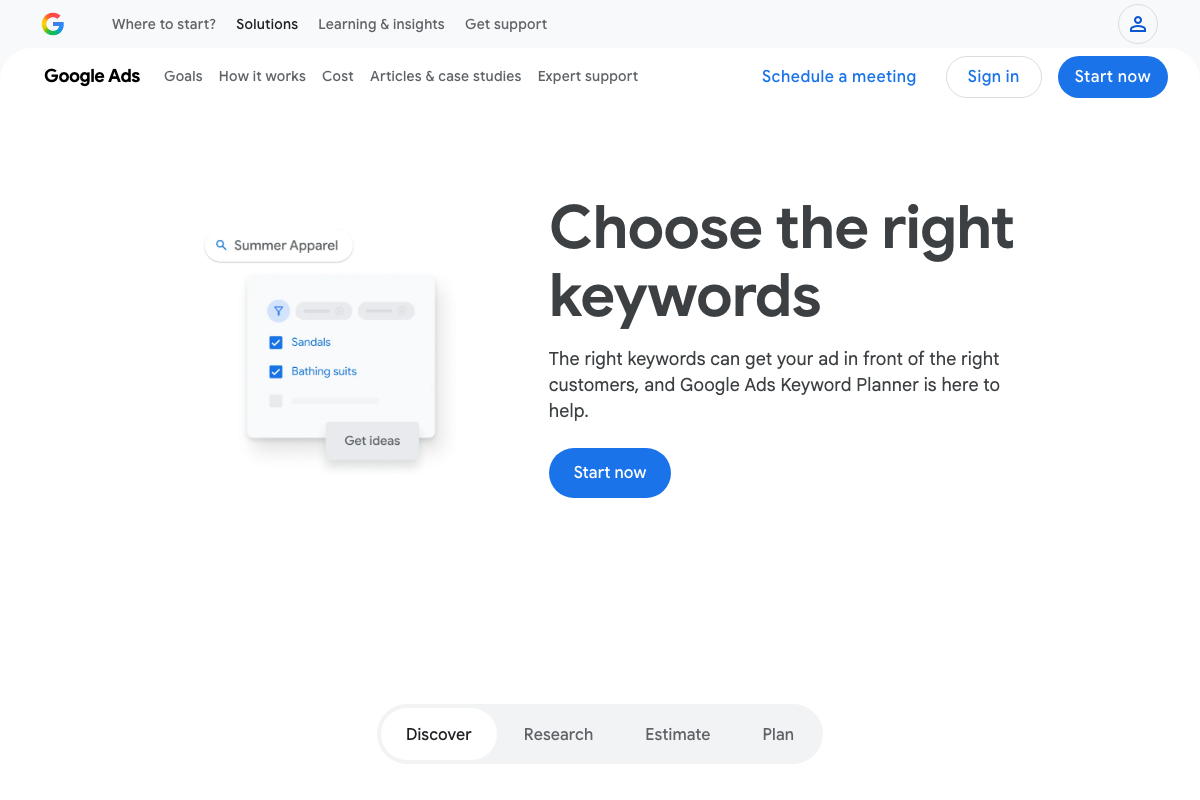 Google Ads Keyword Planner marketing page showing the keyword discovery interface and four functional modes: Discover, Research, Estimate, and Plan