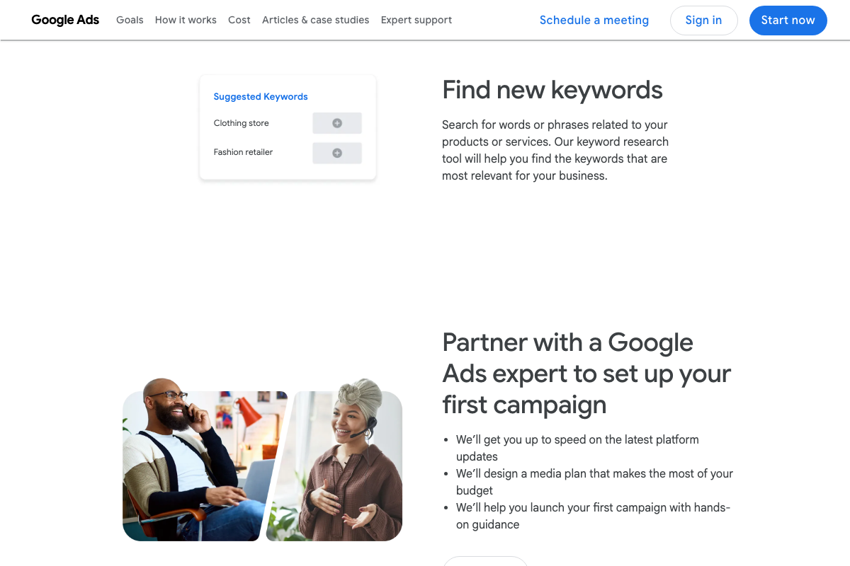 Keyword Planner 'Find new keywords' feature description alongside a Google expert partnership offer for first-campaign setup