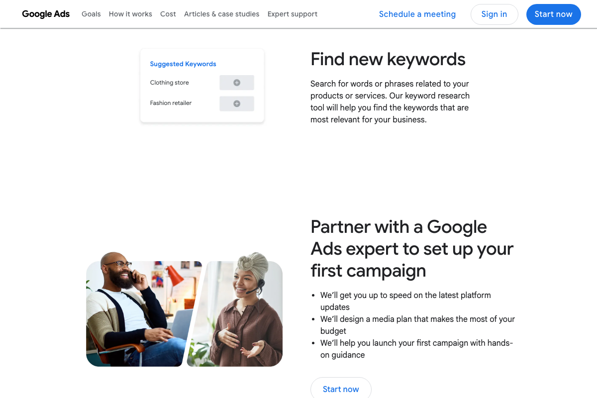 Google Ads Keyword Planner 'Find new keywords' section showing suggested keywords UI and partner setup offer.