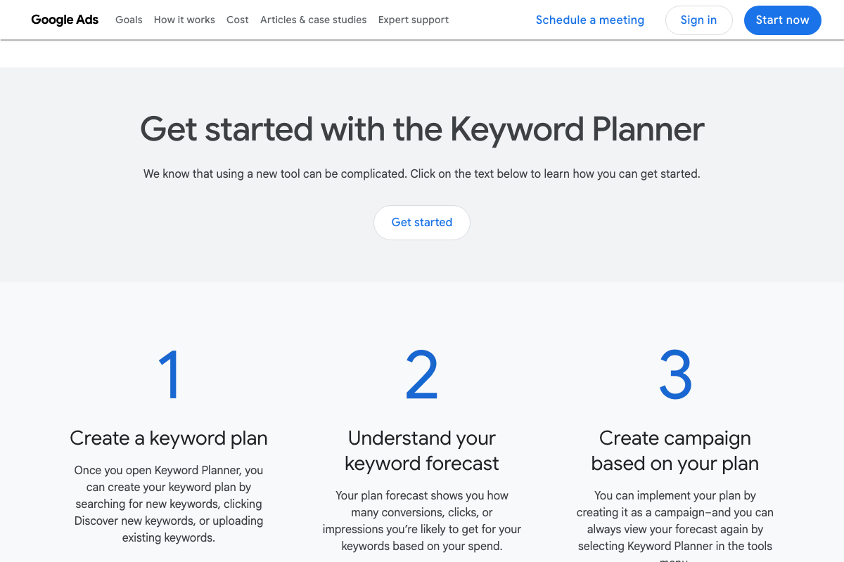 Keyword Planner's official 3-step workflow: create a keyword plan, review conversion and click forecasts, then build a campaign from the plan