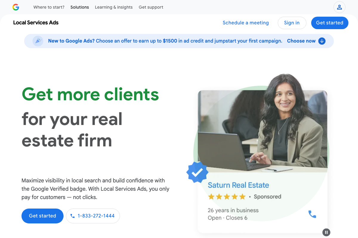 Google Local Services Ads product page showing the pay-per-lead value proposition and a sample LSA unit with the Google Verified badge, star rating, years in business, and phone number.