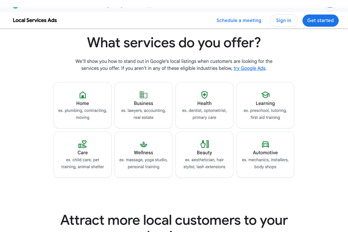 Google LSA product page listing the eight eligible industry categories: Home, Business, Health, Learning, Care, Wellness, Beauty, and Automotive.
