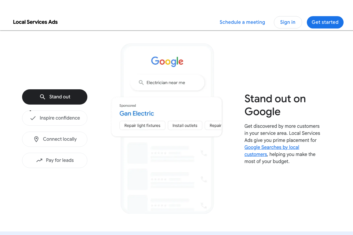 Google LSA product page SERP mockup showing an LSA for 