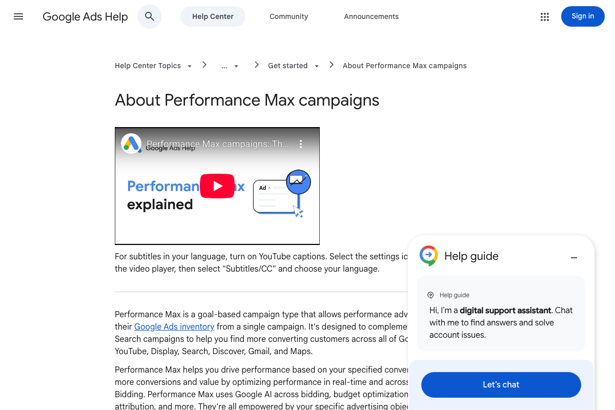 Google Ads Help — About Performance Max confirming campaign objectives and audience signal inputs