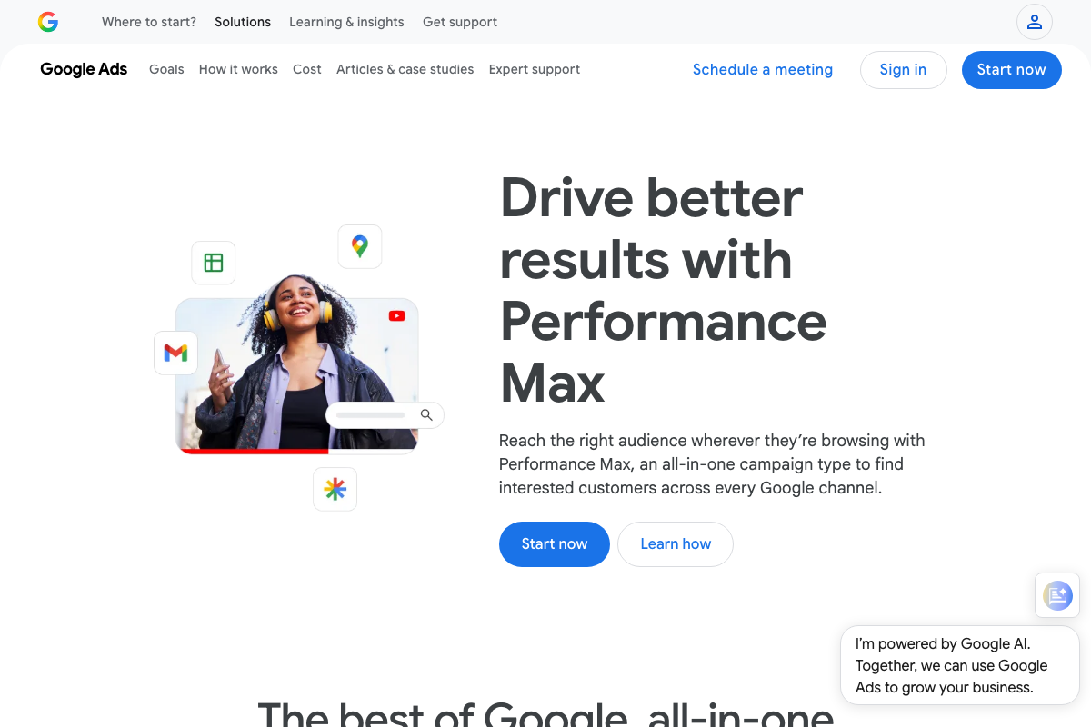 Google Ads Performance Max campaign landing page describing the campaign type as an AI-enhanced, all-in-one cross-channel solution