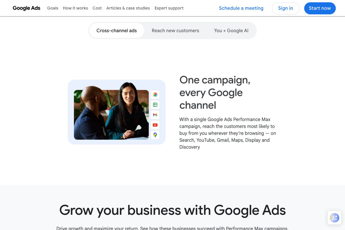 Performance Max 'One campaign, every Google channel' feature description covering Search, YouTube, Gmail, Maps, Display, and Discovery simultaneously