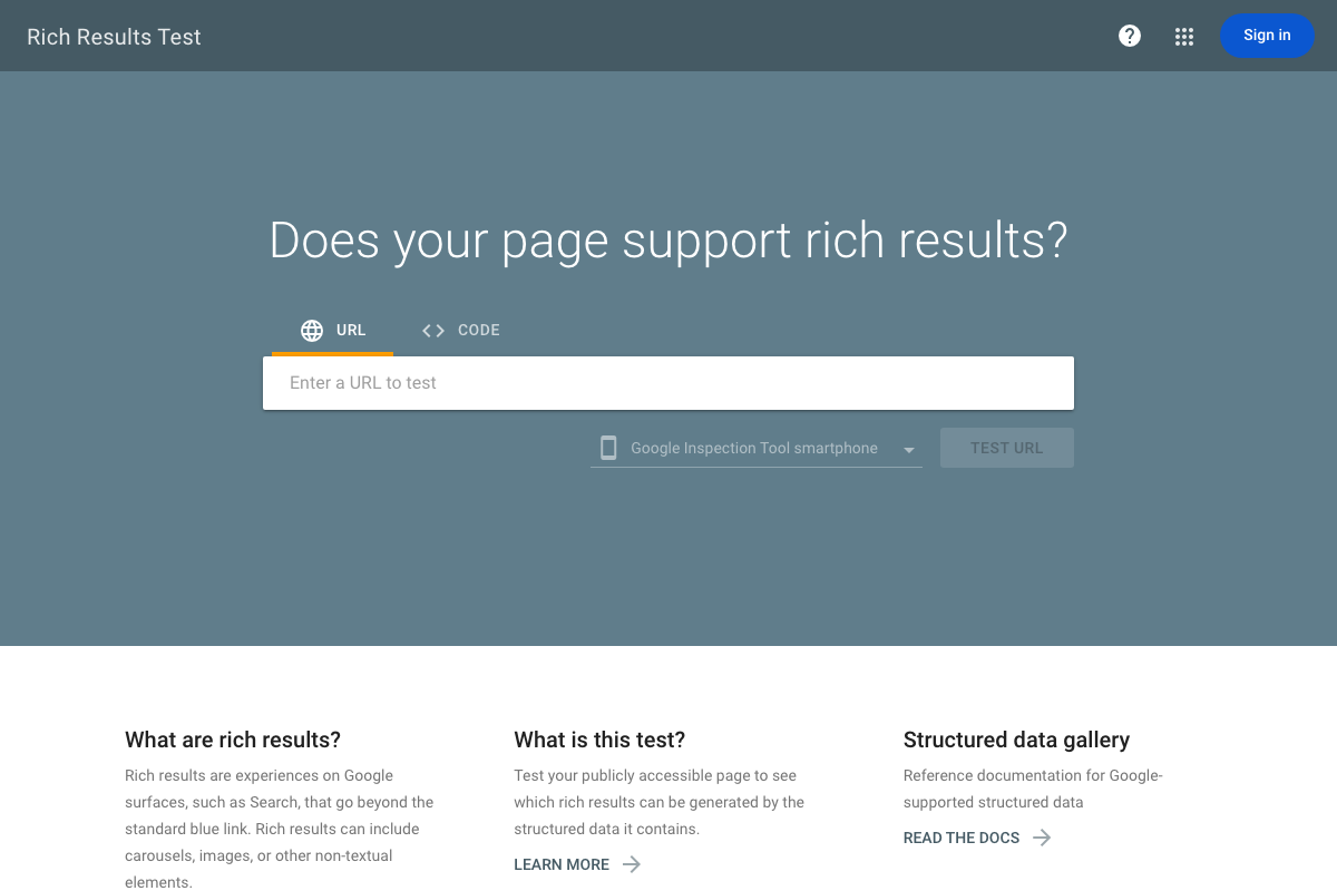Rich Results Test at search.google.com/test/rich-results showing both URL and CODE input modes