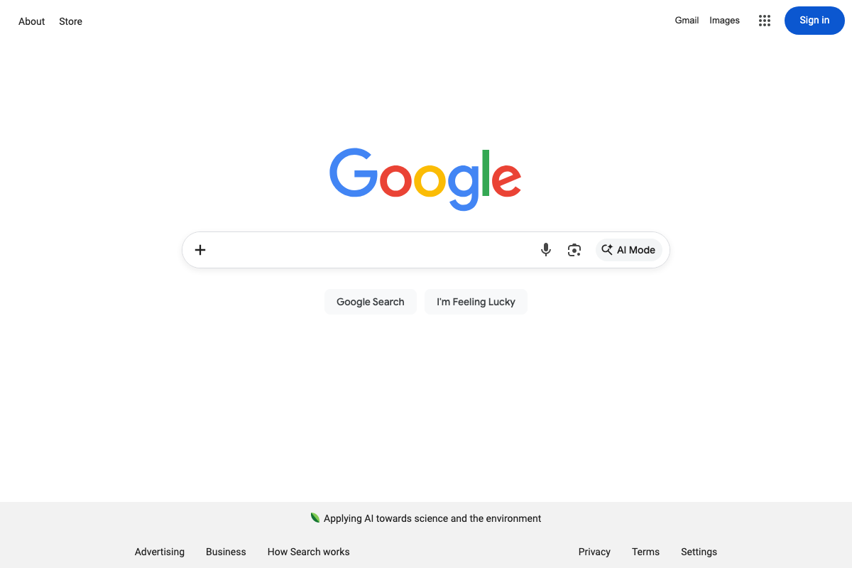 Google.com desktop homepage showing 'AI Mode' integrated into the search bar — no separate 'Live AI' button is present on the desktop version.